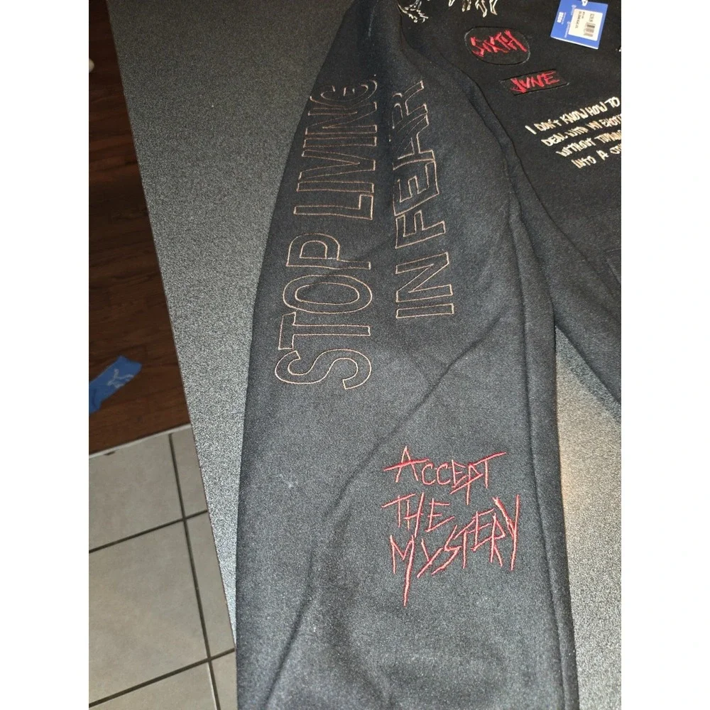 Sixth June Varsity Jacket 2XL NWT Black Embroidered Flames Streetwear